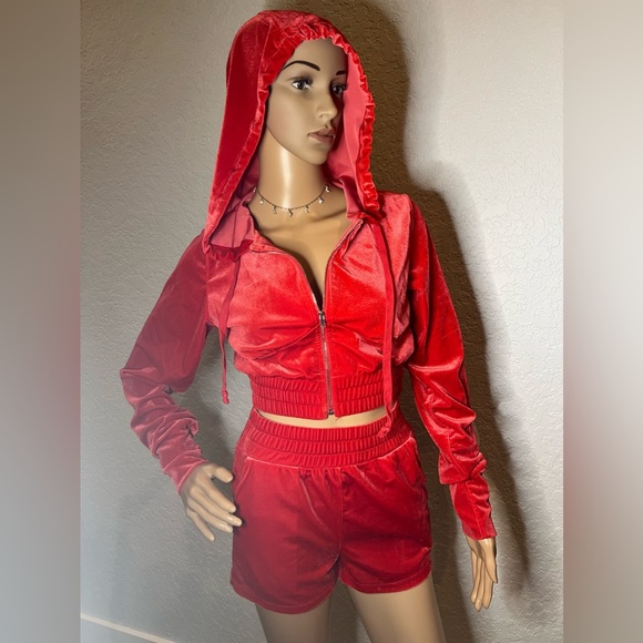 Red Velour Two Piece Jacket Short Set - Picture 3 of 5